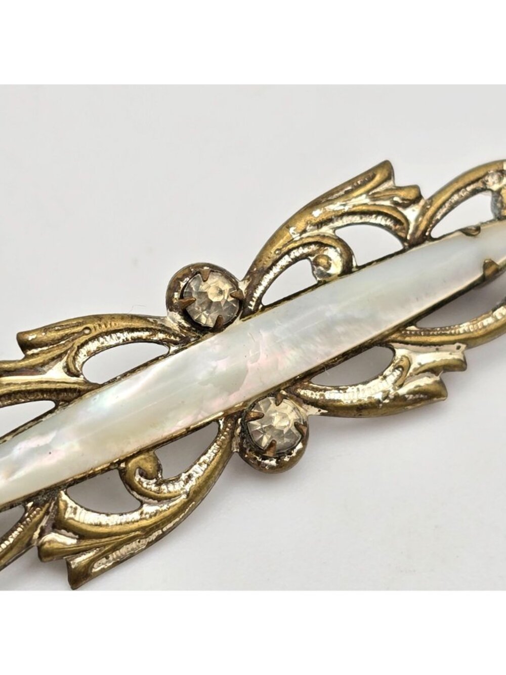 Antique Mother of Pearl Bar Brooch Mixed Tone Metal & Paste Stones - Picture 2 of 6